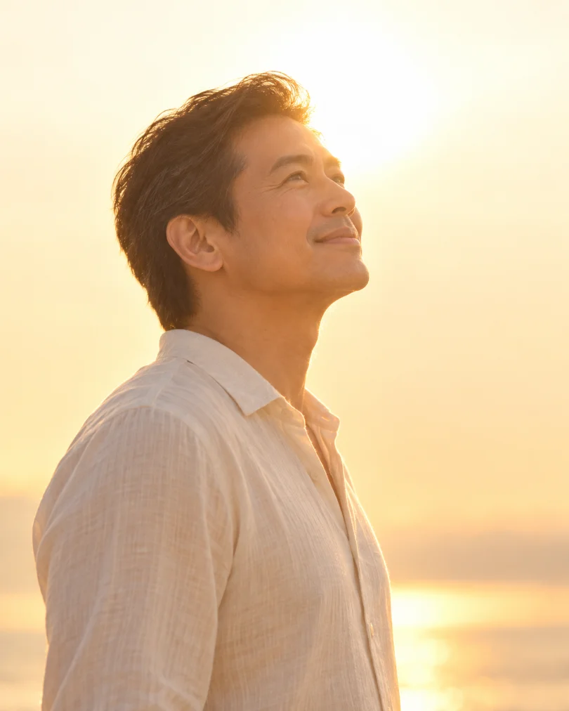 Filipino man at sunrise, healthy ageing and vitality