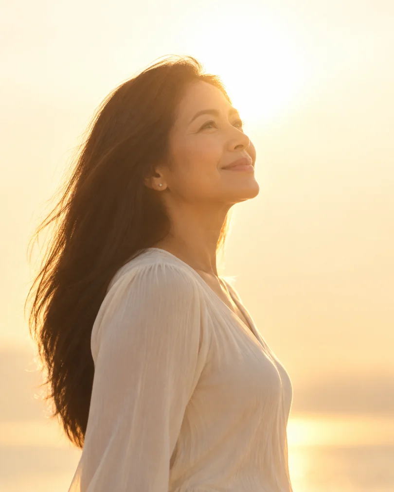 Filipino woman at sunrise, everyday wellbeing and vitality