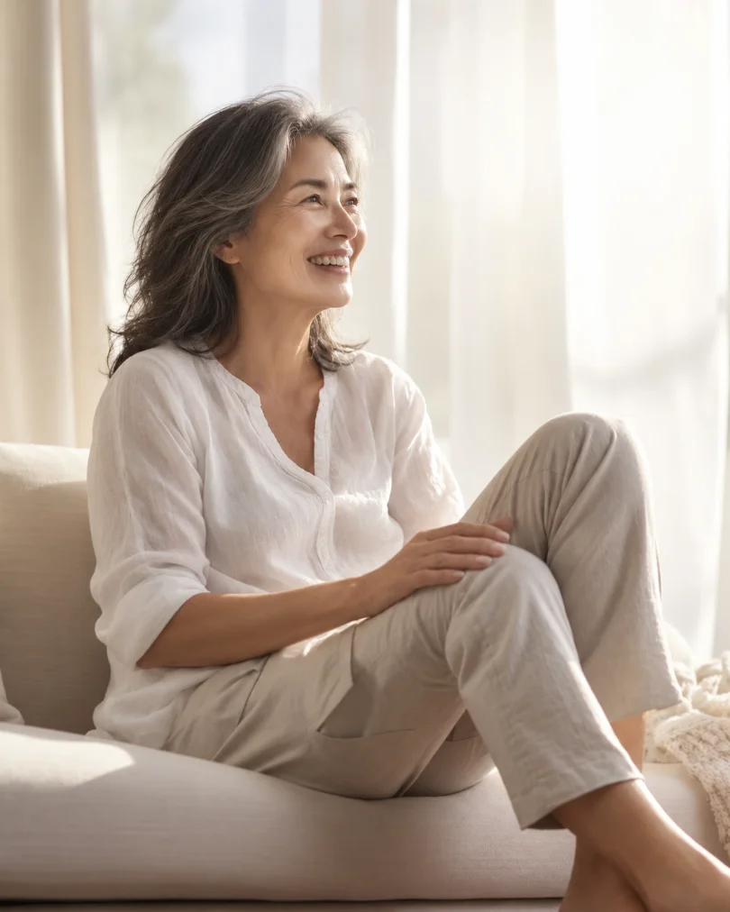 Woman at ease at home, hormonal health and Restore care