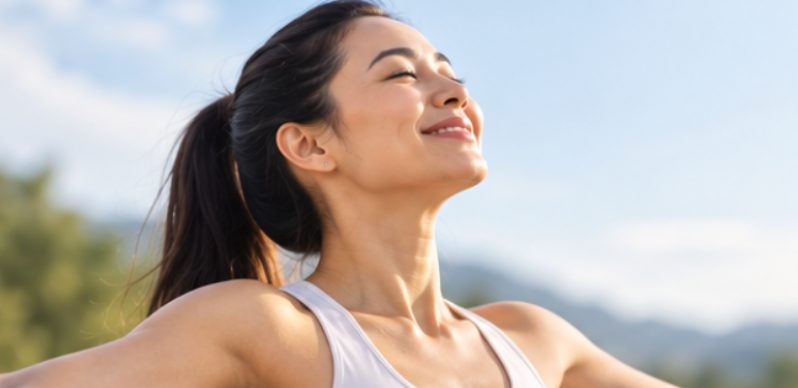 A woman outdoors, face to the sun