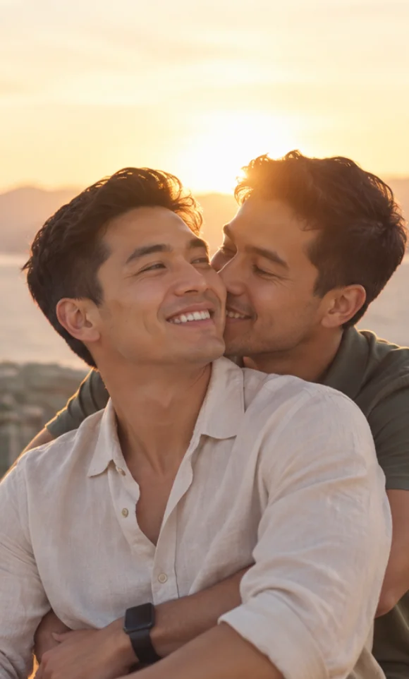 Same-sex couple at sunset, inclusive healthcare at HIRAYA