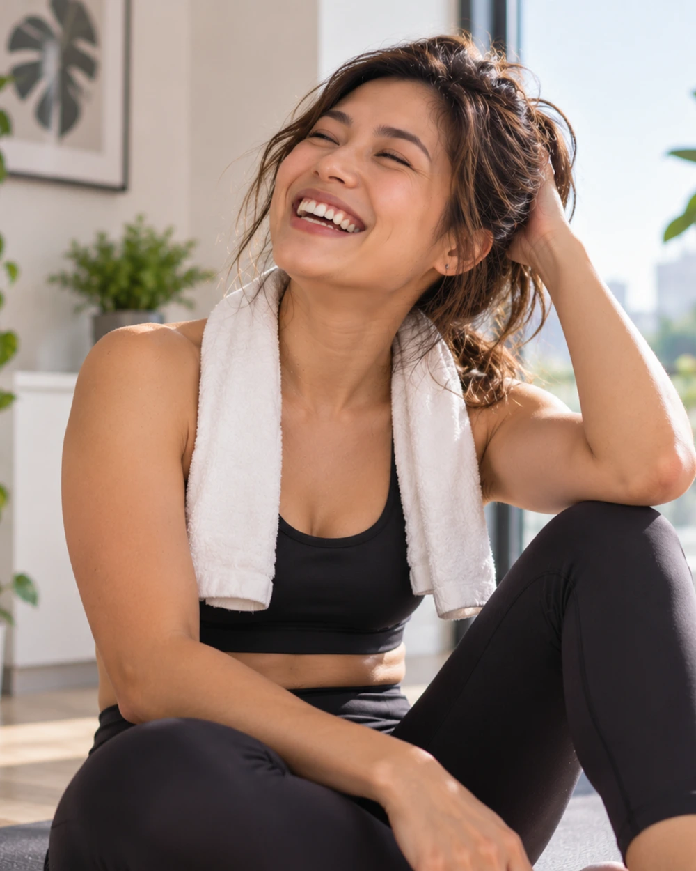 Woman laughing after a home workout
