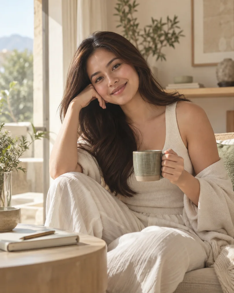 Woman with morning coffee, calm and stress recovery